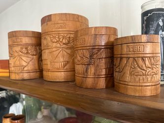 Vintage Hawaiian tiki coffee flour sugar and tea canisters