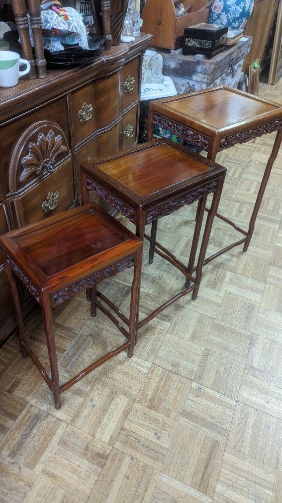 Antique Asian Rosewood Set Three Tables Excellent Condition