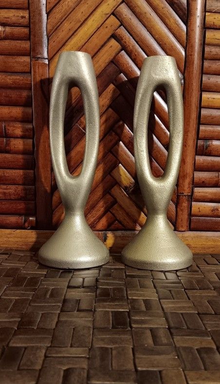 Metal Open Oval Taper Candle Holder Set, Vintage Candlestick Holders, Pair 9" Heavy Candle Holders