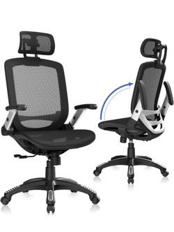 GABRYLLY Ergonomic Office Chair, High Back Home Desk Chair with Headrest, Flip-Up Arms, 90-120° Tilt Lock and Wide Cushion, Big and Tall Mesh Chairs f