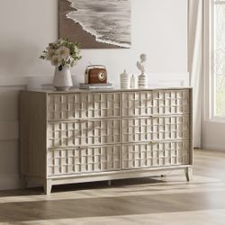 Fluted Storage Cabinet with 6 Drawers, Buffet Sideboard Cabinet, Modern Wood Side Board, Living Room Cabinet with Metal Handles for Dining Room, Bedro