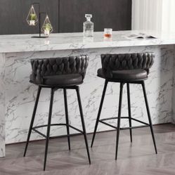 Modern Bar Stools Set of 2, 30" Bar Height Barstools, 180° Swivel Suede Fabric Stool Chairs with Woven Back and Footrest for Kitchen Island, Cafe, Pub