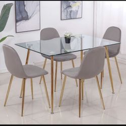 Glass Rectangle Kitchen Table And 4 Gray Velvet  Chairs