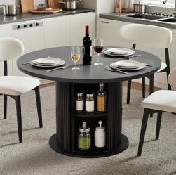 Round Table with Storage,47"Modern Storage Kitchen Dining Table for 4-6 People with Curved Sliding Door Fluted Wood Coffee Table Thickened Tabletop fo