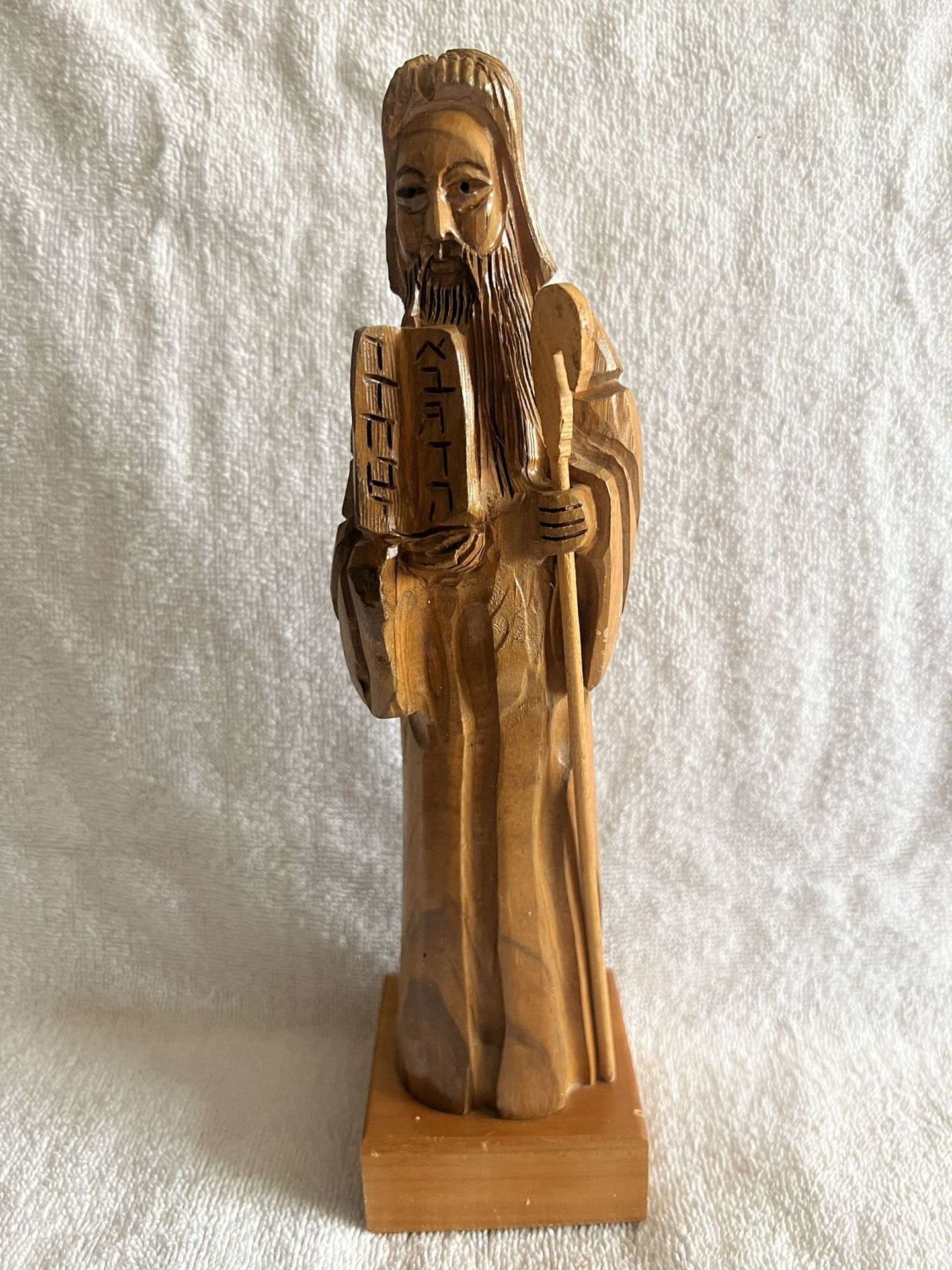 Vintage Hand Carved Wooden Statue of Moses Holding the Ten Commandments