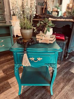 Gorgeous Vintage Peacock Teal & Gold French Nightstand