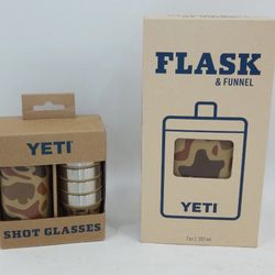 BRAND NEW! YETI Flask And Shot Glasses With Case 🦆WETLANDS CAMO🔥With Stickers