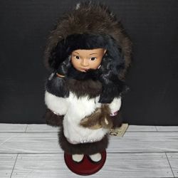 MeMeLuck Eskimo Doll Karol Alaska W/Rabbit Fur Clothes Leather Boots With Stand