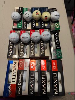 15 sleeves of Maxfi golf balls. 9 of the sleeves has logos on the balls.