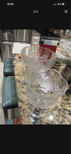 Cut Crystal Glass Bowls Set of 2 x large for fruit, salad deserts