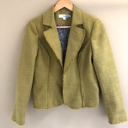 Boden 6 Greenage Spring Tweed Chepstow Jacket - Blazer, Green, Fringe, Lined, Womens