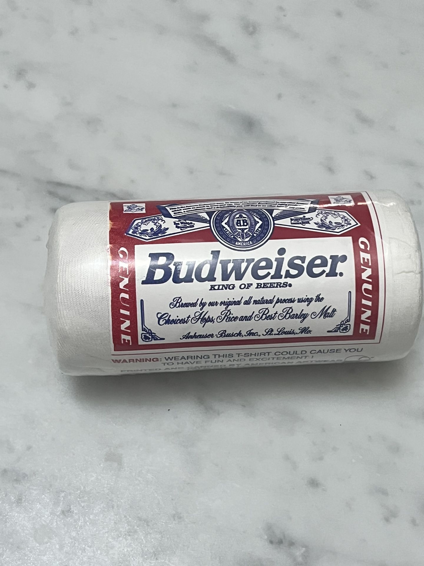 Vintage Anheuser Busch/Budweiser promotional t shirt packaged within a can