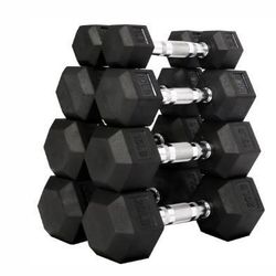 Signature Fitness Premium Rubber Coated Hex Dumbbell Weights Set (100lbs) and BONUS Storage Rack

