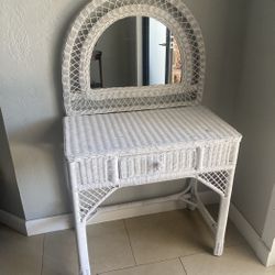 MidCentury White Wicker Vanity