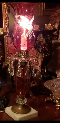 Victorian etched cranberry lamp