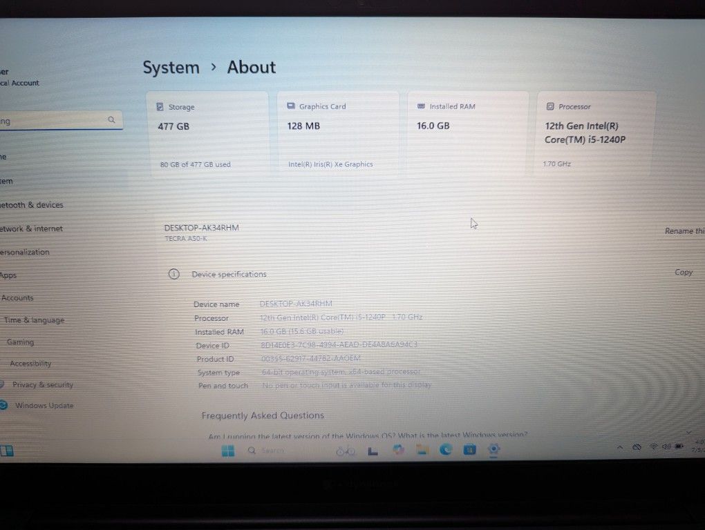 Dynabook Tecra A50-J Professional Laptop I5-1240p 16gb Ram 512gb SSD