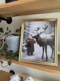 Santa And Reindeer Gold Framed Christmas Print