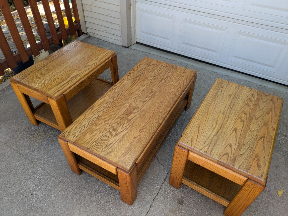 Oak coffee table and 2 side tables