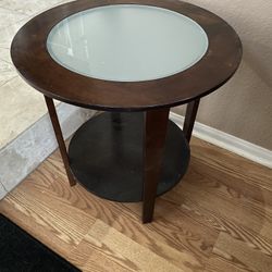 Matching Round End Tables – 24” Tall – Glass Top – Espresso