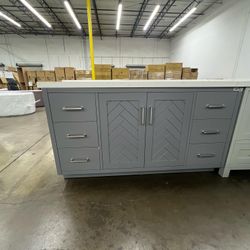 60” Single Sink White, gray Vanity cabinet, tocador, drawer, vanidad
