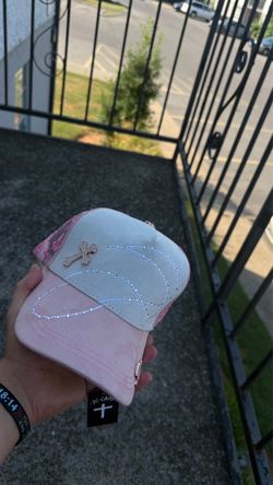 Pink and Gray Suede Trucker Hat with Cross