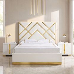 Ivory velvet gorgeous headboard with gold details and gold legs fully slated mattress ready brand new in box firm price Queen $799 King $849