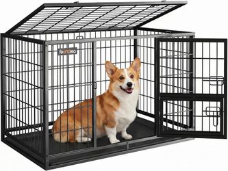 Heavy-Duty Dog Crate, Metal Dog Kennel and Cage with Removable Tray, L for Small and Medium Dogs, 36.4 x 22.6 x 25.2 Inches, Black UPPD002B01