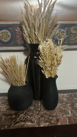 Set of 3 Black Vases + Dried Wheat Grass Arrangements