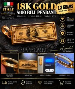 💵 18K Italian SOLID GOLD $1 Bill Pendant  Beautiful 18K Italian Gold (750) money bill pendant