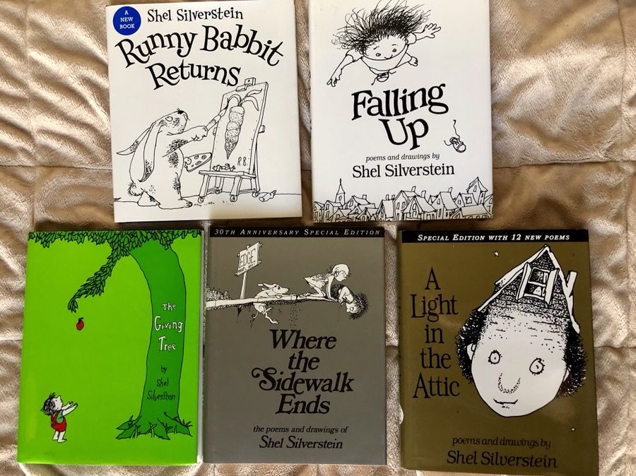 Shel Silverstein Book Collection. A light in the attic, where the sidewalk ends, the giving tree, falling up, runny babbit returns.