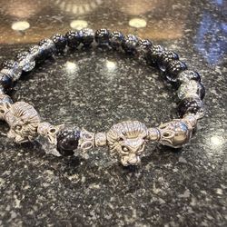 Mens Double Lion Head Cracked Glass Bead Bracelet
