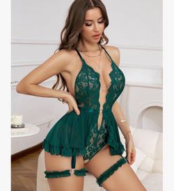 Sexy Lingerie for Women 2 Piece Lace Babydoll Deep-V Teddy Bodysuit Lingerie Set with Garter Belt