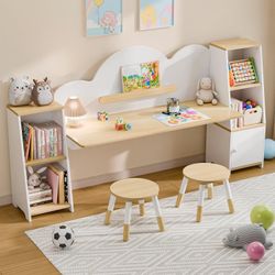 Kids Study Desk with Bookshelves and 2 Stools, Kids Desk and Chair Set with 5 Storage Cabinets, Wooden Children Writing Table, Student Study Table for