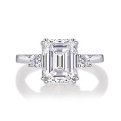 Fifty8 3ct DEW Emerald Cut Moissanite Ring, 925 Sterling Silver, CZ Sides, Token of Faith