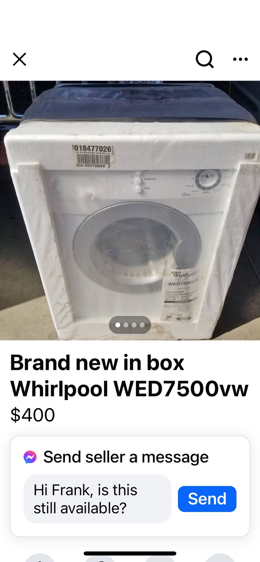 Whirlpool Dryer WED7500vw