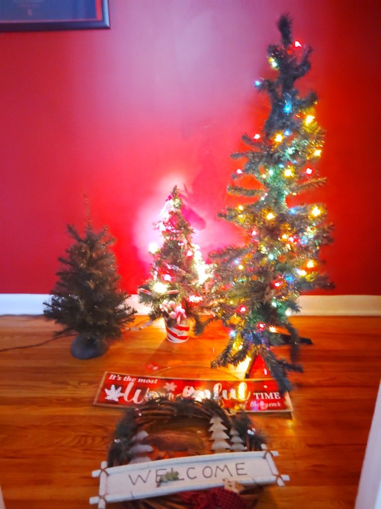 Three Little Christmas Trees With Ornaments