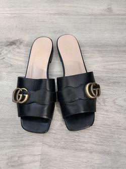 Gucci Black Leather Slide Mules with Gold Double G