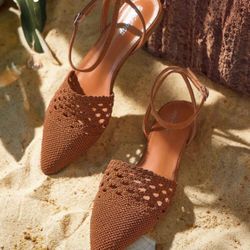 Styleloop Women’s Woven Pointed Toe Ankle Strap Flats Brown EUR 36 New