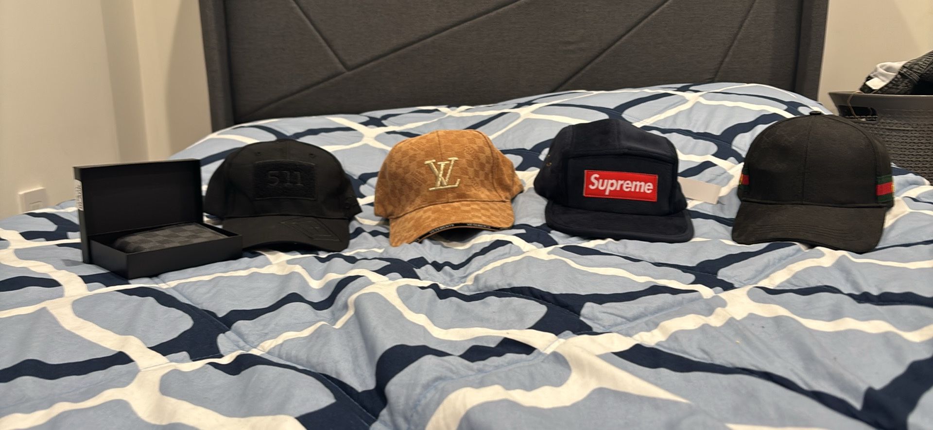 designer hats and wallet