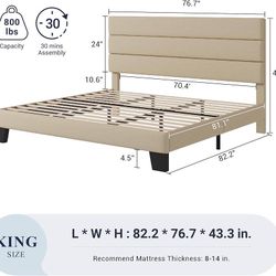 King Size Platform Bed Frame with Fabric Upholstered Headboard and Wooden Slats Support, Fully Upholstered Mattress Foundation/No Box Spring Needed/Ea