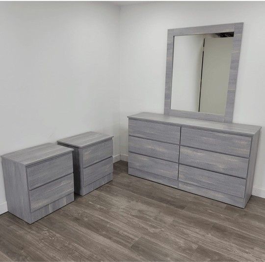 DRESSER WITH MIRROR AND TWO NIGHTSTANDS