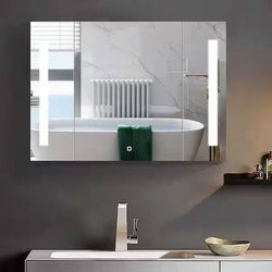 26 in. W x 36 in. H Modern Black Anti-Fog Rectangular Tri-View Surface Mount Medicine Cabinet with Mirror and LED Light