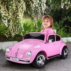 Volkswagen Beetle Ride-on Kids Electric Car with Secondary Remote Control & Extra Wide Safety Tires - Pink