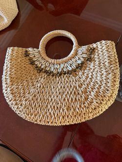 Woven Straw Tote Bag with Cowrie Shells