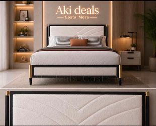 Full size white bed frame , Boucle Upholstered headboard , Metal Bed Frame, Wooden Slats Support J-15