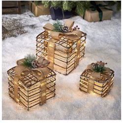 Lights4fun, Inc. Set of 3 Rattan Lighted LED Box Indoor & Outdoor Decoration