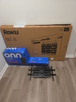 65" Roku smart tv,  Onn 5.1.2 surround system and full motion tv mount