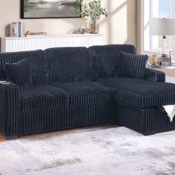 Black Corduroy Sectional Sleeper Sofa Pull Out Bed With Storage