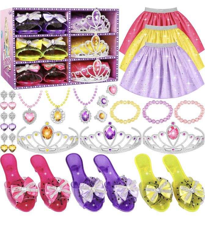 Princess Dress Up Toys & Jewelry Boutique - Complete Set with Costumes, Skirts, Shoes, Crowns, Accessories - Ideal Girls Role Play Gift for 3 4 5 6 Ye
