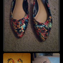 Fioni Shoes multicolored floral Pointed Flats SIZE 9 back out buckle & strap